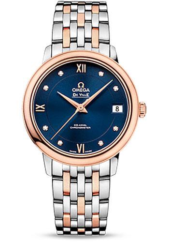 Omega De Ville Prestige Co-Axial Watch - 32.7 mm Steel Case - 18K Red Gold Bezel - Blue Diamond Dial - Red Gold-Steel Bracelet - 424.20.33.20.53.001 - Luxury Time NYC