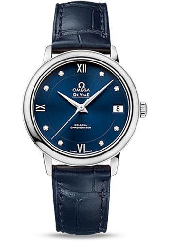 Omega De Ville Prestige Co-Axial Watch - 32.7 mm Steel Case - Blue Diamond Dial - Blue Leather Strap - 424.13.33.20.53.001 - Luxury Time NYC