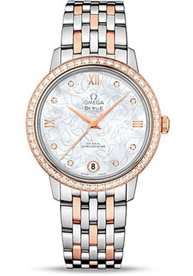 Omega De Ville Prestige Co-Axial Watch - 32.7 mm Steel Case - Diamond-Set Red Gold Bezel - Mother-Of-Pearl Dial - Red Gold-Steel Bracelet - 424.25.33.20.55.003 - Luxury Time NYC