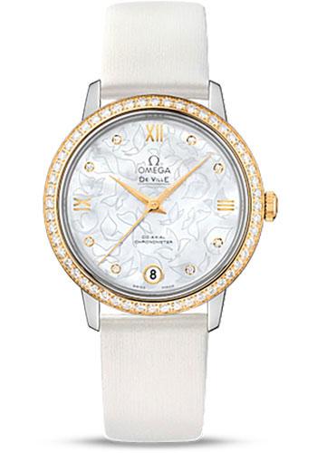 Omega De Ville Prestige Co-Axial Watch - 32.7 mm Steel Case - Diamond-Set Yellow Gold Bezel - Mother-Of-Pearl Diamond Dial - White Satin-Brushed Leather Strap - 424.27.33.20.55.002 - Luxury Time NYC
