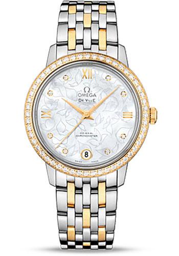 Omega De Ville Prestige Co-Axial Watch - 32.7 mm Steel Case - Diamond-Set Yellow Gold Bezel - Mother-Of-Pearl Diamond Dial - Yellow Gold-Steel Bracelet - 424.25.33.20.55.004 - Luxury Time NYC