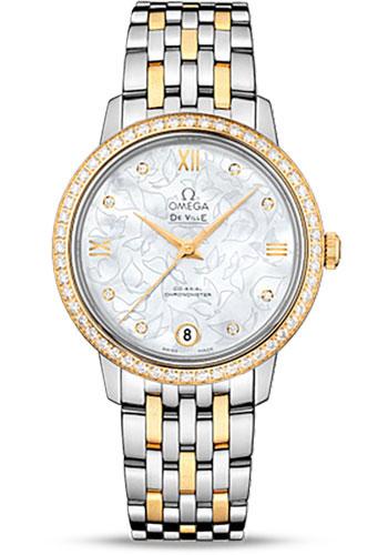 Omega De Ville Prestige Co Axial Watch 32.7 mm Steel Case Diamond Set Yellow Gold Bezel Mother Of Pearl Diamond Dial Yellow Gold Steel