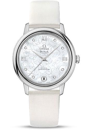 Omega De Ville Prestige Co-Axial Watch - 32.7 mm Steel Case - Mother-Of-Pearl Diamond Dial - White Satin-Brushed Leather Strap - 424.12.33.20.55.001 - Luxury Time NYC