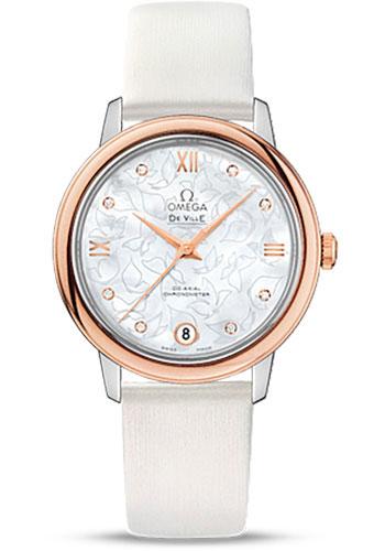 Omega De Ville Prestige Co-Axial Watch - 32.7 mm Steel Case - Red Gold Bezel - Mother-Of-Pearl Diamond Dial - White Satin-Brushed Leather Strap - 424.22.33.20.55.001 - Luxury Time NYC
