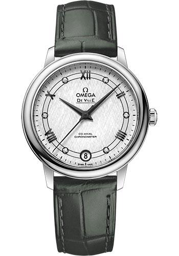 Omega De Ville Prestige Co-Axial Watch - 32.7 mm Steel Case - White Silvery Dial - Hunter Green Leather Strap - 424.13.33.20.52.002 - Luxury Time NYC
