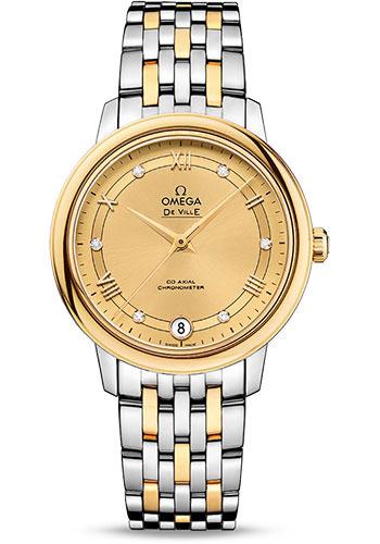 Omega De Ville Prestige Co-Axial Watch - 32.7 mm Steel Case - Yellow Gold Bezel - Champagne Diamond Dial - Steel And Yellow Gold Bracelet - 424.20.33.20.58.002 - Luxury Time NYC