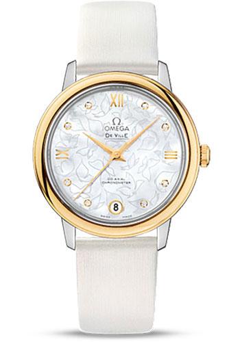 Omega De Ville Prestige Co-Axial Watch - 32.7 mm Steel Case - Yellow Gold Bezel - Mother-Of-Pearl Diamond Dial - White Satin-Brushed Leather Strap - 424.22.33.20.55.002 - Luxury Time NYC