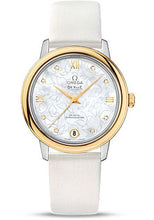 Load image into Gallery viewer, Omega De Ville Prestige Co-Axial Watch - 32.7 mm Steel Case - Yellow Gold Bezel - Mother-Of-Pearl Diamond Dial - White Satin-Brushed Leather Strap - 424.22.33.20.55.002 - Luxury Time NYC