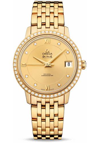 Omega De Ville Prestige Co-Axial Watch - 32.7 mm Yellow Gold Case - Diamond Bezel - Champagne Diamond Dial - 424.55.33.20.58.001 - Luxury Time NYC