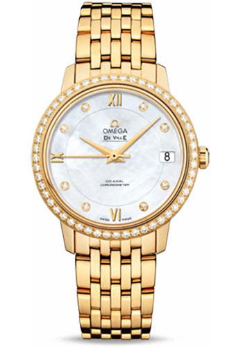 Omega De Ville Prestige Co-Axial Watch - 32.7 mm Yellow Gold Case - Diamond Bezel - Mother-Of-Pearl Diamond Dial - 424.55.33.20.55.001 - Luxury Time NYC