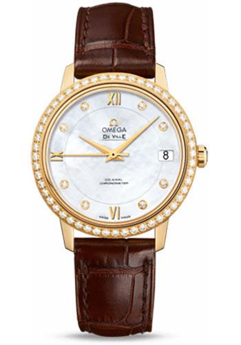 Omega De Ville Prestige Co-Axial Watch - 32.7 mm Yellow Gold Case - Diamond Bezel - Mother-Of-Pearl Diamond Dial - Brown Leather Strap - 424.58.33.20.55.002 - Luxury Time NYC