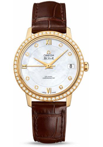 Omega De Ville Prestige Co Axial Watch 32.7 mm Yellow Gold Case Diamond Bezel Mother Of Pearl Diamond Dial Brown Leather Strap