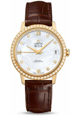 Omega De Ville Prestige Co-Axial Watch - 32.7 mm Yellow Gold Case - Diamond Bezel - Mother-Of-Pearl Diamond Dial - Brown Leather Strap - 424.58.33.20.55.002 - Luxury Time NYC