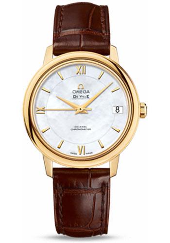 Omega De Ville Prestige Co-Axial Watch - 32.7 mm Yellow Gold Case - Mother-Of-Pearl Dial - Brown Leather Strap - 424.53.33.20.05.002 - Luxury Time NYC