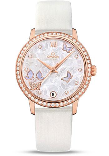 Omega De Ville Prestige Co-Axial Watch - 36.8 mm Red Gold Case - Diamond Bezel - Mother-Of-Pearl Diamond Dial - White Leather Strap - 424.57.33.20.55.002 - Luxury Time NYC