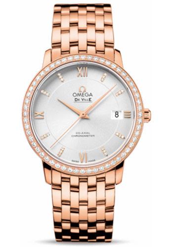 Omega De Ville Prestige Co-Axial Watch - 36.8 mm Red Gold Case - Diamond Bezel - Silver Diamond Dial - 424.55.37.20.52.001 - Luxury Time NYC
