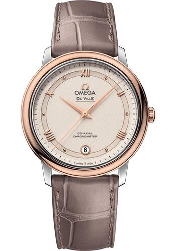 Omega De Ville Prestige Co-Axial Watch - 36.8 mm Steel And Red Gold Case - Varnished Shimmer Ivory-Beige Dial - Taupe-Brown Leather Strap - 424.23.37.20.09.001 - Luxury Time NYC