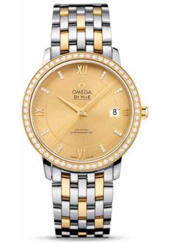 Omega De Ville Prestige Co-Axial Watch - 36.8 mm Steel And Yellow Gold Case - Diamond Bezel - Champagne Diamond Dial - 424.25.37.20.58.001 - Luxury Time NYC
