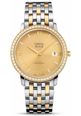 Omega De Ville Prestige Co-Axial Watch - 36.8 mm Steel And Yellow Gold Case - Diamond Bezel - Champagne Diamond Dial - 424.25.37.20.58.001 - Luxury Time NYC