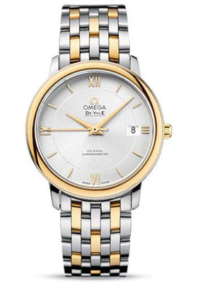 Omega De Ville Prestige Co-Axial Watch - 36.8 mm Steel Case - Yellow Gold Bezel - Silver Dial - Yellow Gold Bracelet - 424.20.37.20.02.001 - Luxury Time NYC