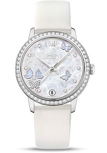 Omega De Ville Prestige Co-Axial Watch - 36.8 mm White Gold Case - Diamond Bezel - Mother-Of-Pearl Diamond Dial - White Leather Strap - 424.57.33.20.55.001 - Luxury Time NYC