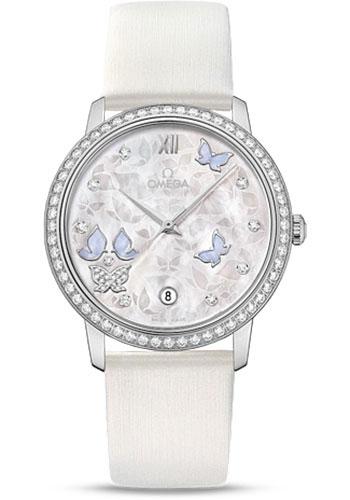 Omega De Ville Prestige Co-Axial Watch - 36.8 mm White Gold Case - Diamond Bezel - Mother-Of-Pearl Diamond Dial - White Leather Strap - 424.57.37.20.55.002 - Luxury Time NYC