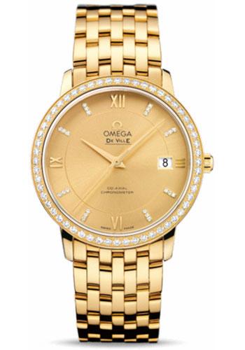 Omega De Ville Prestige Co-Axial Watch - 36.8 mm Yellow Gold Case - Diamond Bezel - Champagne Diamond Dial - 424.55.37.20.58.001 - Luxury Time NYC