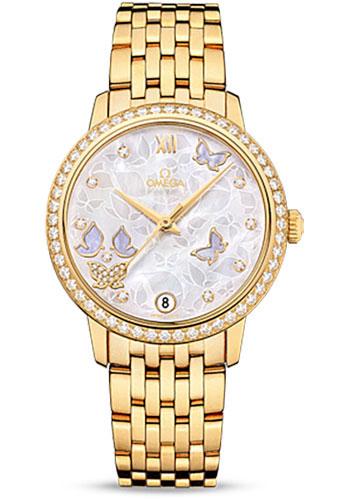Omega De Ville Prestige Co-Axial Watch - 36.8 mm Yellow Gold Case - Diamond Bezel - Mother-Of-Pearl Diamond Dial - 424.55.33.20.55.005 - Luxury Time NYC