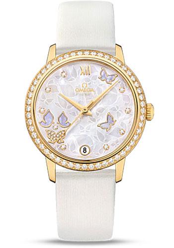 Omega De Ville Prestige Co-Axial Watch - 36.8 mm Yellow Gold Case - Diamond Bezel - Mother-Of-Pearl Diamond Dial - White Leather Strap - 424.57.33.20.55.003 - Luxury Time NYC