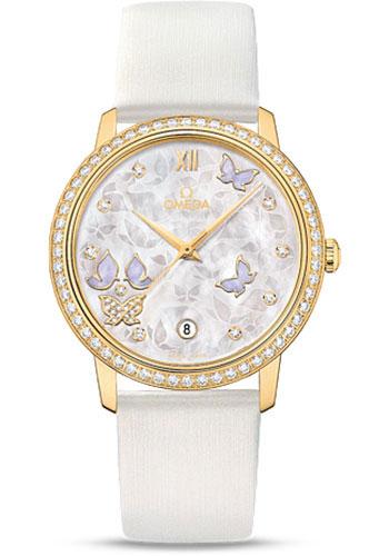 Omega De Ville Prestige Co-Axial Watch - 36.8 mm Yellow Gold Case - Diamond Bezel - Mother-Of-Pearl Diamond Dial - White Leather Strap - 424.57.37.20.55.001 - Luxury Time NYC