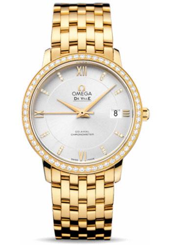 Omega De Ville Prestige Co-Axial Watch - 36.8 mm Yellow Gold Case - Diamond Bezel - Silver Diamond Dial - 424.55.37.20.52.002 - Luxury Time NYC