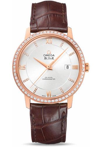 Omega De Ville Prestige Co-Axial Watch - 39.5 mm Red Gold Case - Diamond Bezel - Silver Diamond Dial - Brown Leather Strap - 424.58.40.20.52.002 - Luxury Time NYC