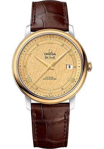 Omega De Ville Prestige Co-Axial Watch - 39.5 mm Steel And Yellow Gold Case - Champagne Dial - Brown Leather Strap - 424.23.40.20.08.001 - Luxury Time NYC