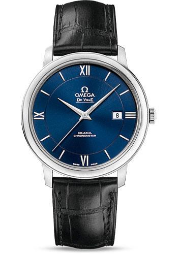 Omega De Ville Prestige Co-Axial Watch - 39.5 mm Steel Case - Blue Dial - Black Leather Strap - 424.13.40.20.03.001 - Luxury Time NYC