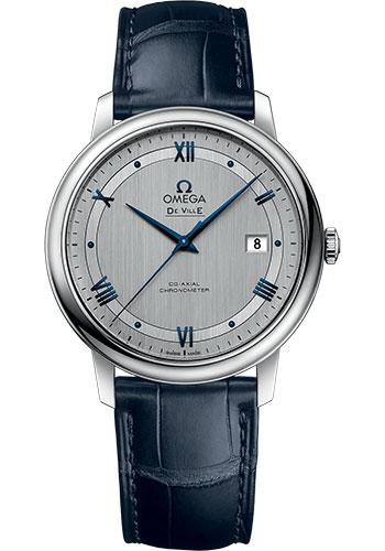 Omega De Ville Prestige Co-Axial Watch - 39.5 mm Steel Case - Rhodium-Silvery Dial - Blue Leather Strap - 424.13.40.20.02.003 - Luxury Time NYC