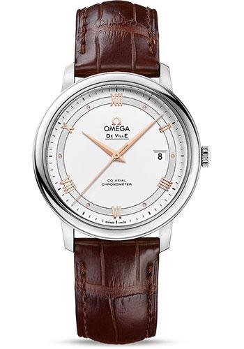 Omega De Ville Prestige Co-Axial Watch - 39.5 mm Steel Case - Silver Dial - Brown Leather Strap - 424.13.40.20.02.002 - Luxury Time NYC