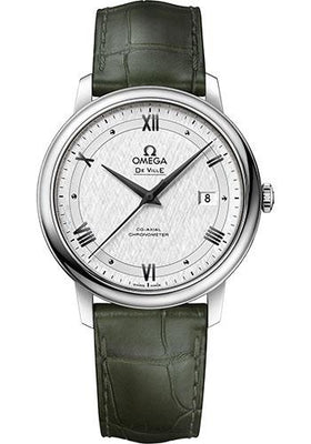 Omega De Ville Prestige Co-Axial Watch - 39.5 mm Steel Case - White Silvery Dial - Leather Strap - 424.13.40.20.02.006 - Luxury Time NYC