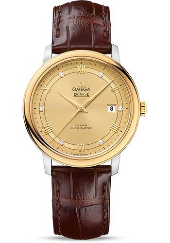 Omega De Ville Prestige Co-Axial Watch - 39.5 mm Steel Case - Yellow Gold Bezel - Champagne Diamond Dial - Brown Leather Strap - 424.23.40.20.58.001 - Luxury Time NYC