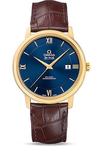 Omega De Ville Prestige Co-Axial Watch - 39.5 mm Yellow Gold Case - Blue Dial - Brown Leather Strap - 424.53.40.20.03.001 - Luxury Time NYC