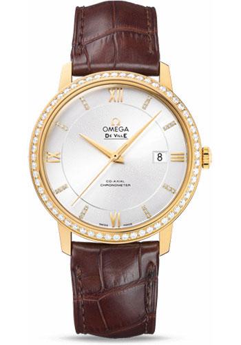 Omega De Ville Prestige Co-Axial Watch - 39.5 mm Yellow Gold Case - Diamond Bezel - Silver Diamond Dial - Brown Leather Strap - 424.58.40.20.52.001 - Luxury Time NYC