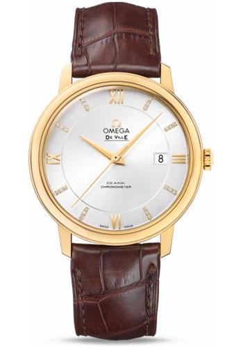 Omega De Ville Prestige Co-Axial Watch - 39.5 mm Yellow Gold Case - Silver Diamond Dial - Brown Leather Strap - 424.53.40.20.52.001 - Luxury Time NYC