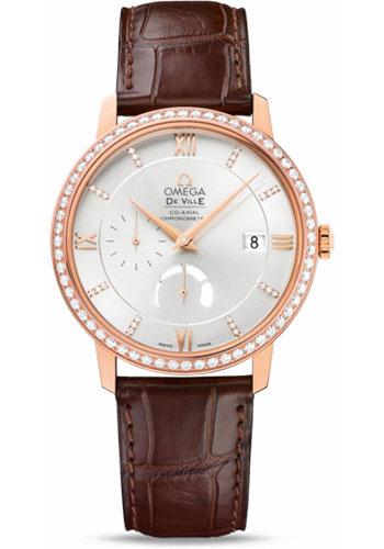 Omega De Ville Prestige Power Reserver Co-Axial Watch - 39.5 mm Red Gold Case - Diamond Bezel - Silver Diamond Dial - Brown Leather Strap - 424.58.40.21.52.002 - Luxury Time NYC