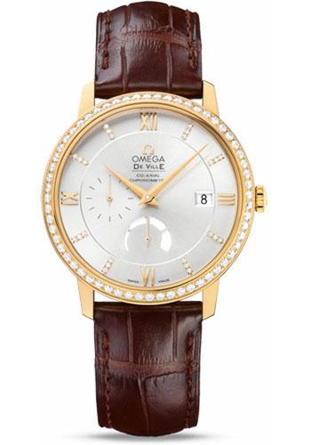 Omega De Ville Prestige Power Reserver Co-Axial Watch - 39.5 mm Yellow Gold Case - Diamond Bezel - Silver Diamond Dial - Brown Leather Strap - 424.58.40.21.52.001 - Luxury Time NYC