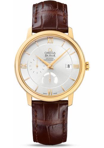 Omega De Ville Prestige Power Reserver Co-Axial Watch - 39.5 mm Yellow Gold Case - Silver Dial - Brown Leather Strap - 424.53.40.21.02.002 - Luxury Time NYC