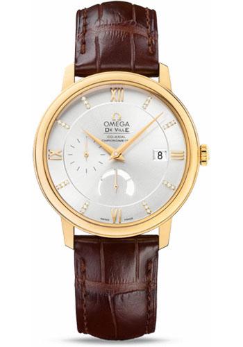 Omega De Ville Prestige Power Reserver Co-Axial Watch - 39.5 mm Yellow Gold Case - Silver Diamond Dial - Brown Leather Strap - 424.53.40.21.52.001 - Luxury Time NYC
