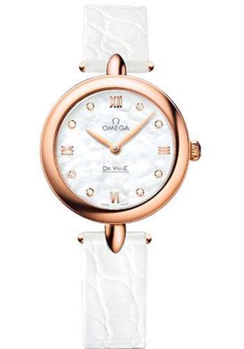 Omega De Ville Prestige Quartz Dewdrop Watch - 27.4 mm Red Gold Case - Mother-Of-Pearl Dial - White Leather Strap - 424.53.27.60.55.002 - Luxury Time NYC