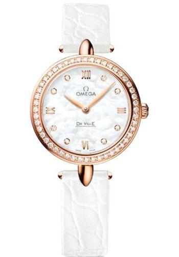 Omega De Ville Prestige Quartz Dewdrop Watch - 27.4 mm Red Gold Case - Radiant Diamond Paved Bezel - Mother-Of-Pearl Dial - White Leather Strap - 424.58.27.60.55.002 - Luxury Time NYC