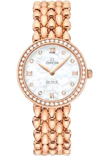 Omega De Ville Prestige Quartz Dewdrop Watch - 27.4 mm Red Gold Case - Radiant Diamond-Set Bezel - Mother-Of-Pearl Dial - 424.55.27.60.55.004 - Luxury Time NYC