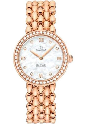 Omega De Ville Prestige Quartz Dewdrop Watch - 27.4 mm Red Gold Case - Radiant Diamond-Set Bezel - Mother-Of-Pearl Dial - 424.55.27.60.55.004 - Luxury Time NYC