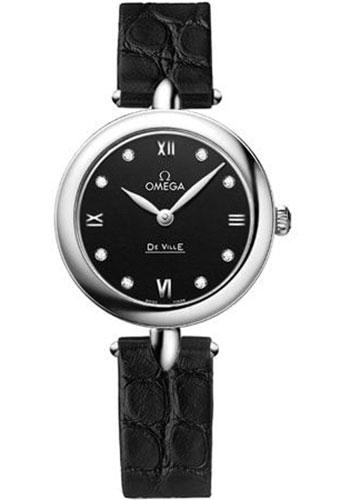 Omega De Ville Prestige Quartz Dewdrop Watch - 27.4 mm Steel Case - Black Dial - Leather Strap - 424.13.27.60.51.001 - Luxury Time NYC